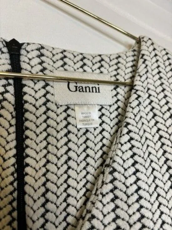 GANNI Anthropologie Jacquard Dress Small Pleated Skirt Herringbone Black White - Picture 6 of 10